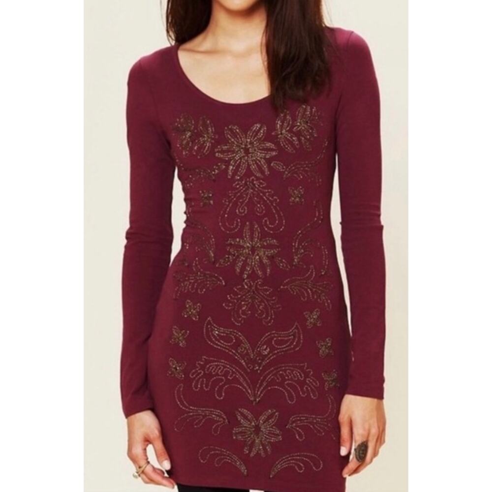 Free People Lady In Waiting Bodycon Dress Sz L Wine Long‎ Sleeve Beaded Gold